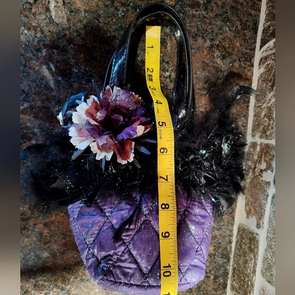 NWT Handcrafted Purple Quilted Purse Black Feathers And Flower